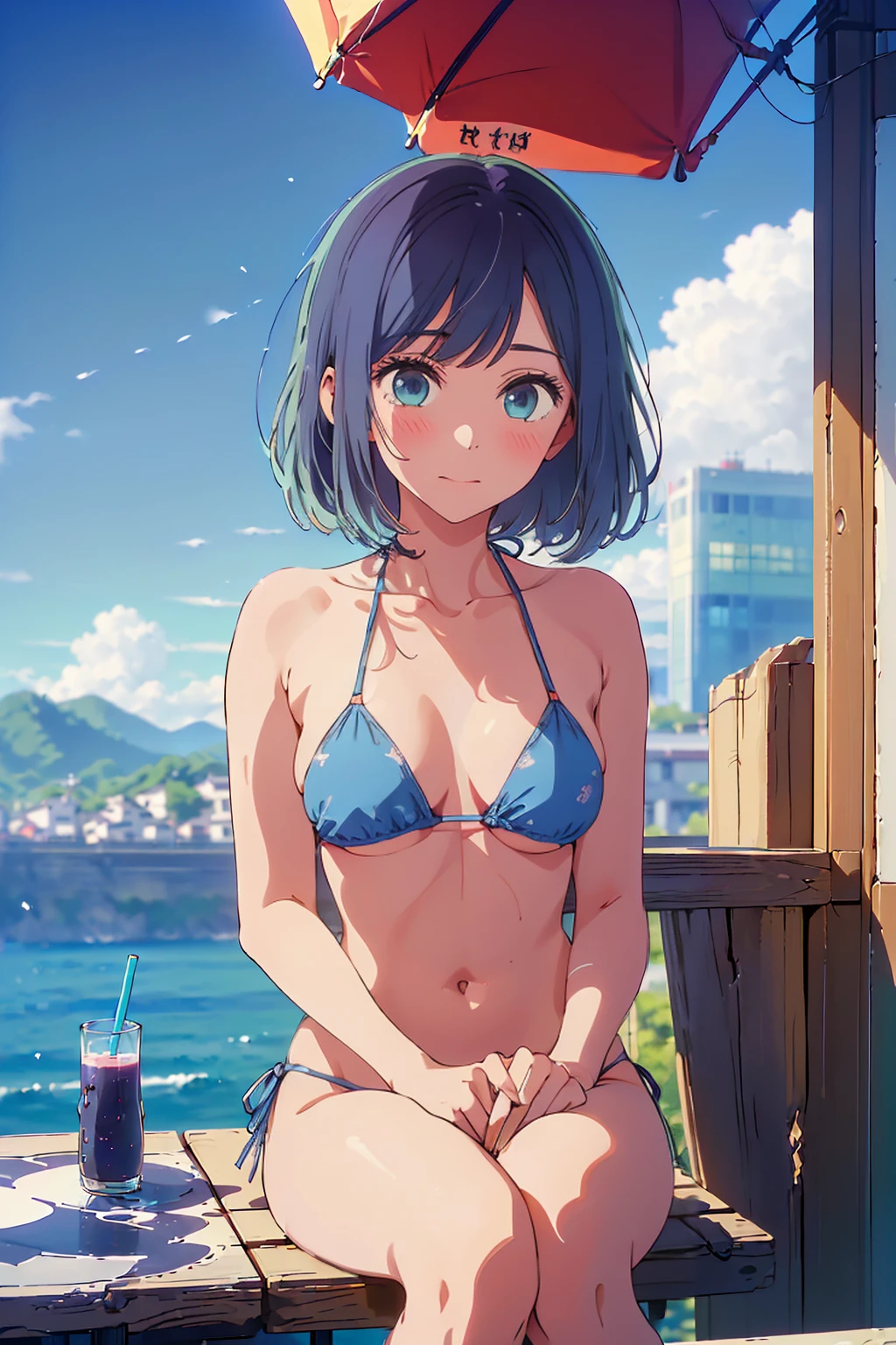 (Highest quality:1.4、masterpiece:1.4、Super detailed:1.4、8K:1.4)、F cup bust、Big Breasts、Slim body、((((1 person、Surprised expression、sit、Chair、In the background are the urban buildings of Tokyo、looking at the camera、Outdoor café terrace、coastal、Navy hair color、juice、Shooting very far away、table、Very cute face))))、(Pose of putting hair behind ears with hands:1.4)、((nude、Areola、bikini size too small))、Very blue sky、A completely cloudless sky、Big eyes、((((Shallow depth of field))))