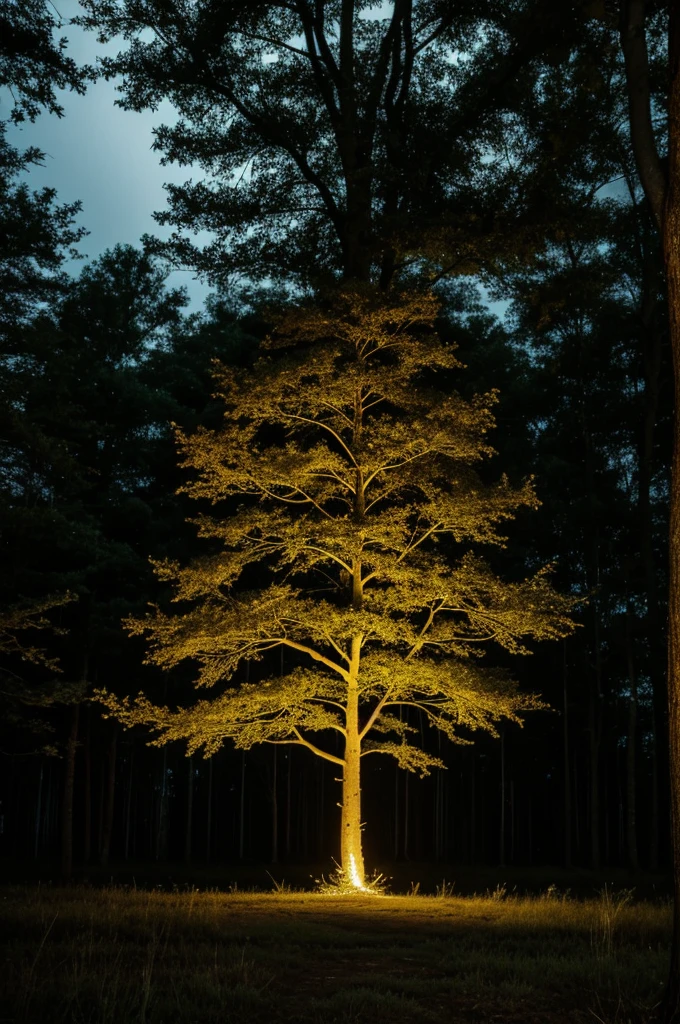 a large old tree in the dark forest with fireflies