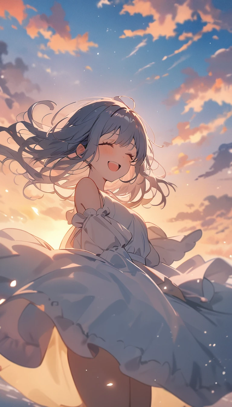 masterpiece, Highest quality, Movie stills, 1 Girl, Cloud Girl, Floating in the sky, close, bright, Happy, Warm and soft lighting, sunset, (spark:0.7)