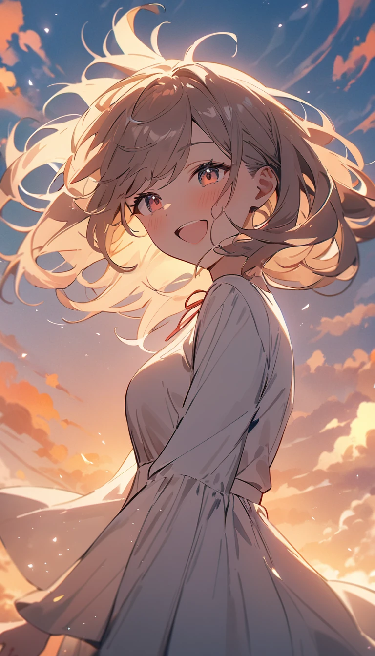 masterpiece, Highest quality, Movie stills, 1 Girl, Cloud Girl, Floating in the sky, close, bright, Happy, Warm and soft lighting, sunset, (spark:0.7)