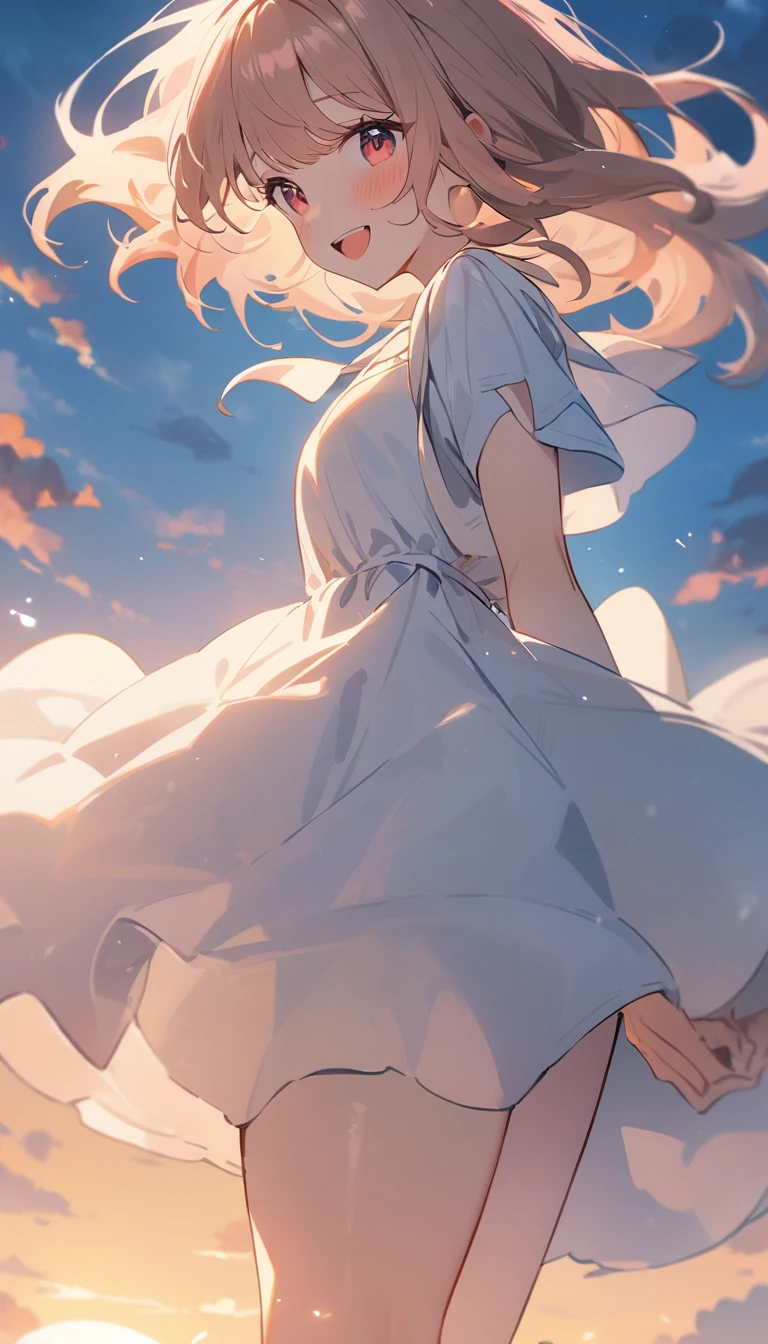masterpiece, Highest quality, Movie stills, 1 Girl, Cloud Girl, Floating in the sky, close, bright, Happy, Warm and soft lighting, sunset, (spark:0.7)