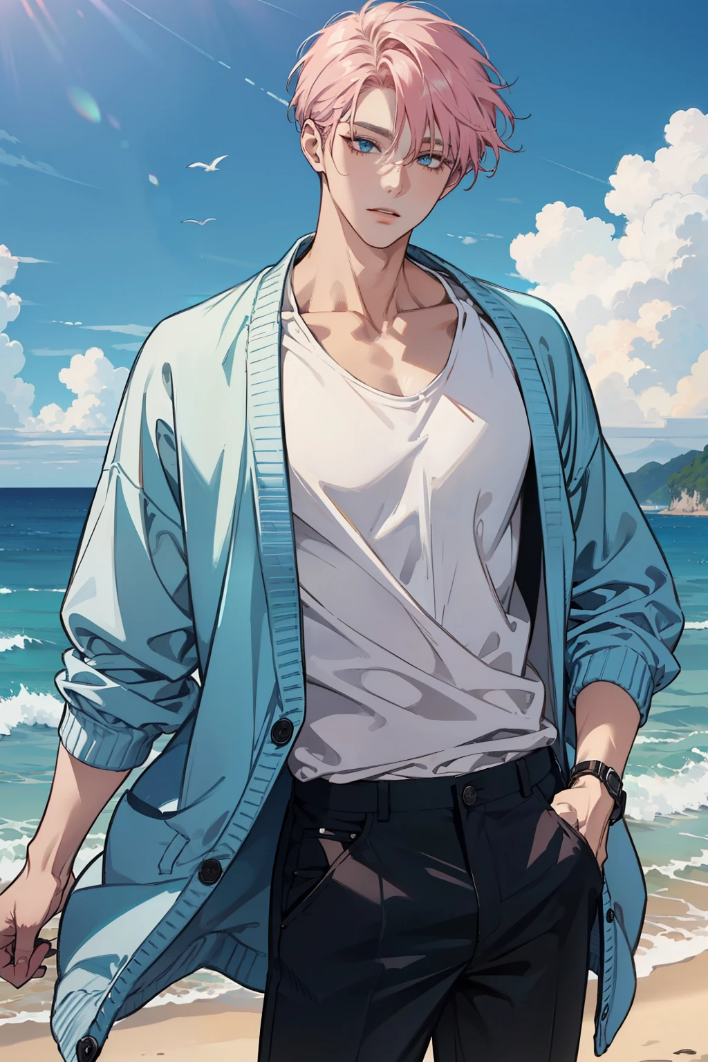 ((최고의 품질)), ((걸작)), (ultra detailed), 1boy, solo, (mature body), pink hair, very short hair, all bangs, casual, black pants, ((big size light blue long cardigan)), ((white round neck shirts)), turquoise eyes, tall handsome guy, wide shoulder, dynamic pose, pretty detailed face, bright skin, blue sky and ocean background, 글래머