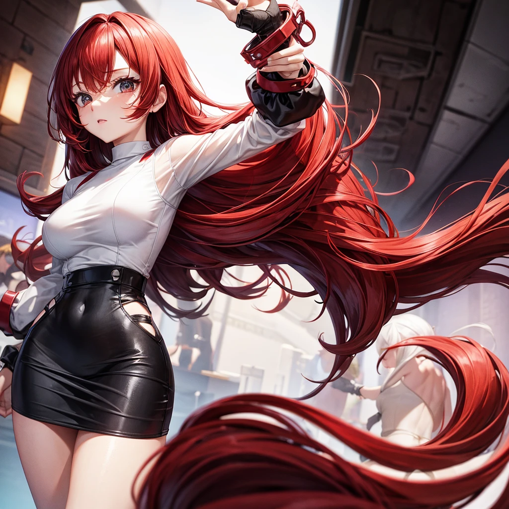 Hot red haired phyco women with white top and black tight mini skirt