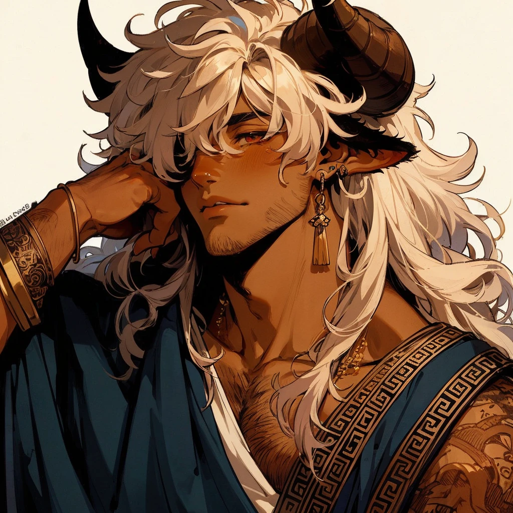 lineless manga style, anime, semi realistic, Baroque Anime Art Style, Male, tan caramel skinned, eyes covered by hair, Bull horns and tail, white fluffy hair that covers eyes, loose flowing Greek clothing, dark rich blue farmer civilian Greek clothing with ancient engravings on it, golden jewelry, slightly muscular, broad and slightly flared nose, Deep-set Eyes, Prominent Brow Ridge, well-defined and square chin, prominent square jawline, nipple piercings, bull nose ring, septum nose piercing, jewelry on bulls tail, fatherly vibe, eyes covered by fluffy hair, no eyes, nipple rings, bull nose ring, bull nose piercing, nipple piercing, full body, high quality, high resolution,