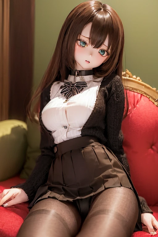 (SFW:2), photorealistic, realistic photo, ((highest quality)), ((masterpiece)), ((extremely detailed)), kukolnydom, doll, (mature woman, 22yo, 22 years old:1.6), solo, ((cowboy shot, sitting on sofa, reclining on sofa, arms by sides, skinny, slender, slim)), green eyes, parted lips, (brown hair, looking down, blank eyes, empty eyes, detailed eyes, detailed face:1.3), cardigan, blouse, pleated skirt, pantyhose, museum, 8k