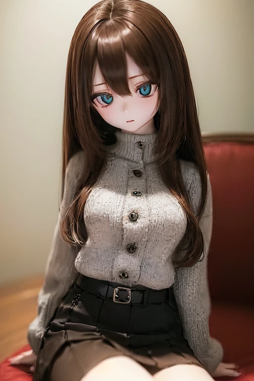 (SFW:2), photorealistic, realistic photo, ((highest quality)), ((masterpiece)), ((extremely detailed)), kukolnydom, doll, (mature woman, 22yo, 22 years old:1.6), solo, ((cowboy shot, sitting on sofa, reclining on sofa, arms by sides, skinny, slender, slim)), green eyes, parted lips, (brown hair, looking down, blank eyes, empty eyes, detailed eyes, detailed face:1.3), cardigan, blouse, pleated skirt, pantyhose, museum, 8k
