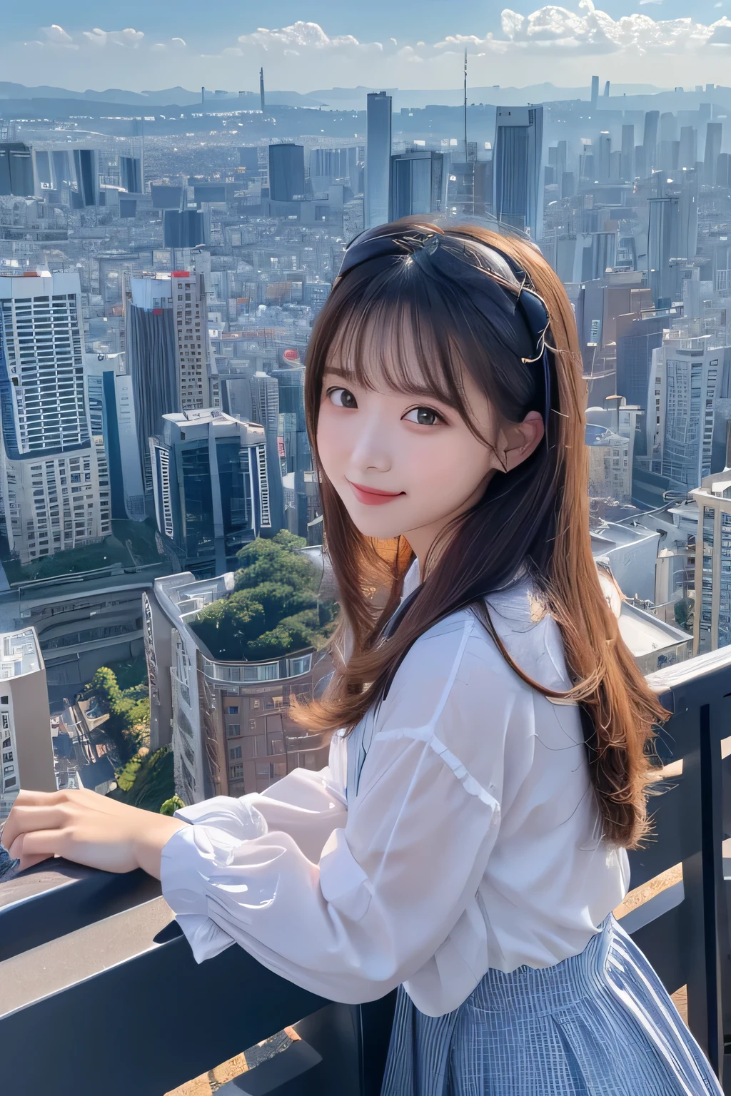(masterpiece:1.2) (best quality) (detailed) (complex) (8K) (Human Development Report) (wallpaper) (light) (Clear focus),1 Girl, architecture, Chainring_Fence, Fence, sky空scraper, Cityscape, Ferris_wheel, blue_sky空, City, racket, sky空, blush, tennis_racket, sky空line, roof, architecture学, Smile, sky, East_Asia_architecture学, lens_Flare, tower, bridge, house, Open_Mouth, real_world_Place, Abigail