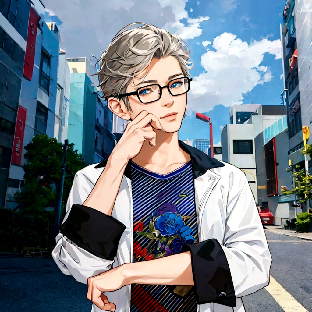 50th Generation、Anime character wearing glasses and a jacket in the city, Realistic Anime 3D Style, Elderly anime guy, Anime Style3D, Live2D Virtual Youtuber Model, Anime Styleに, Anime Styleキャラクター, Created by Anime Painter Studio, Anime Styleのポートレート, Tall anime guy with blue eyes, Anime Style, Anime portrait of a handsome man