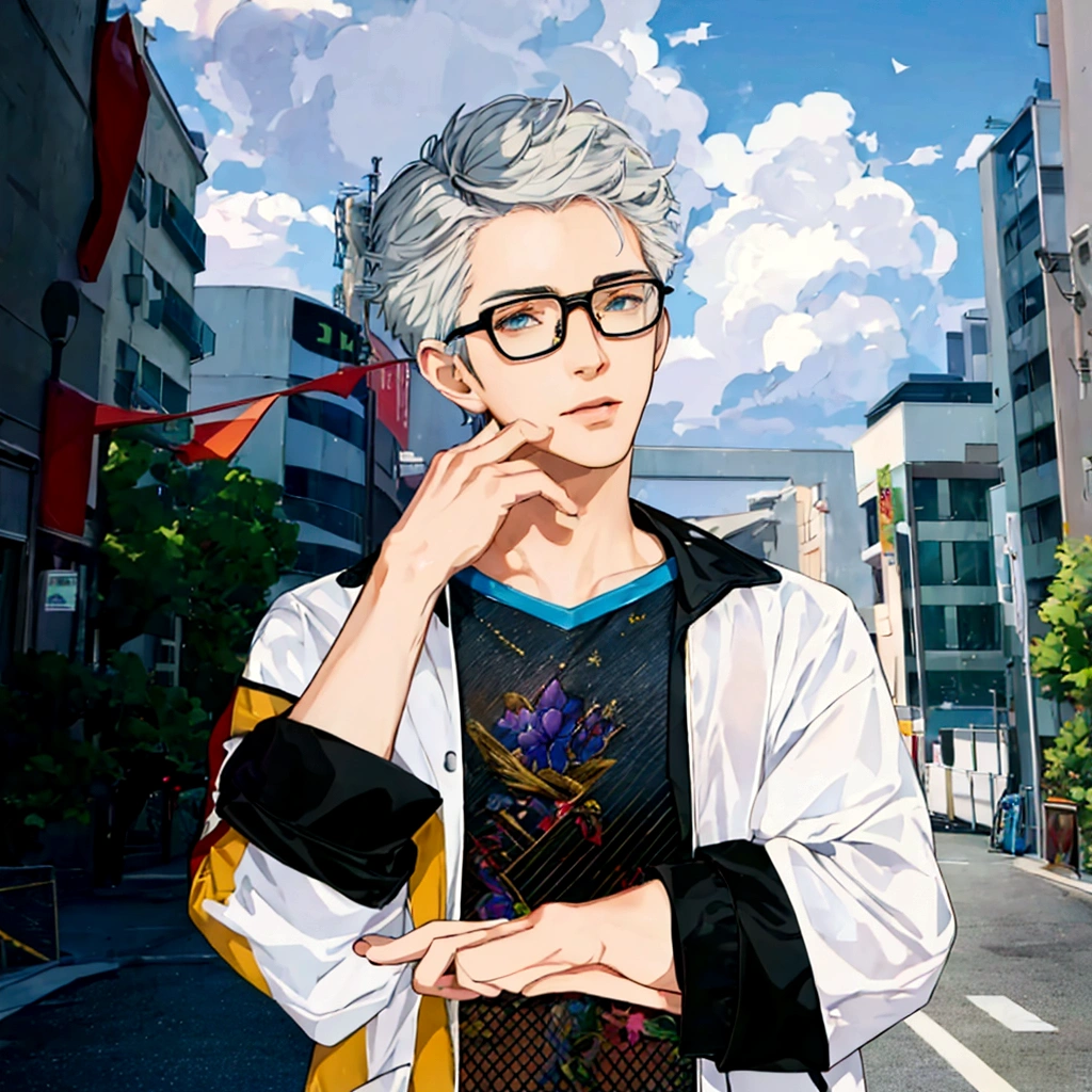 50th Generation、Anime character wearing glasses and a jacket in the city, Realistic Anime 3D Style, Elderly anime guy, Anime Style3D, Live2D Virtual Youtuber Model, Anime Styleに, Anime Styleキャラクター, Created by Anime Painter Studio, Anime Styleのポートレート, Tall anime guy with blue eyes, Anime Style, Anime portrait of a handsome man