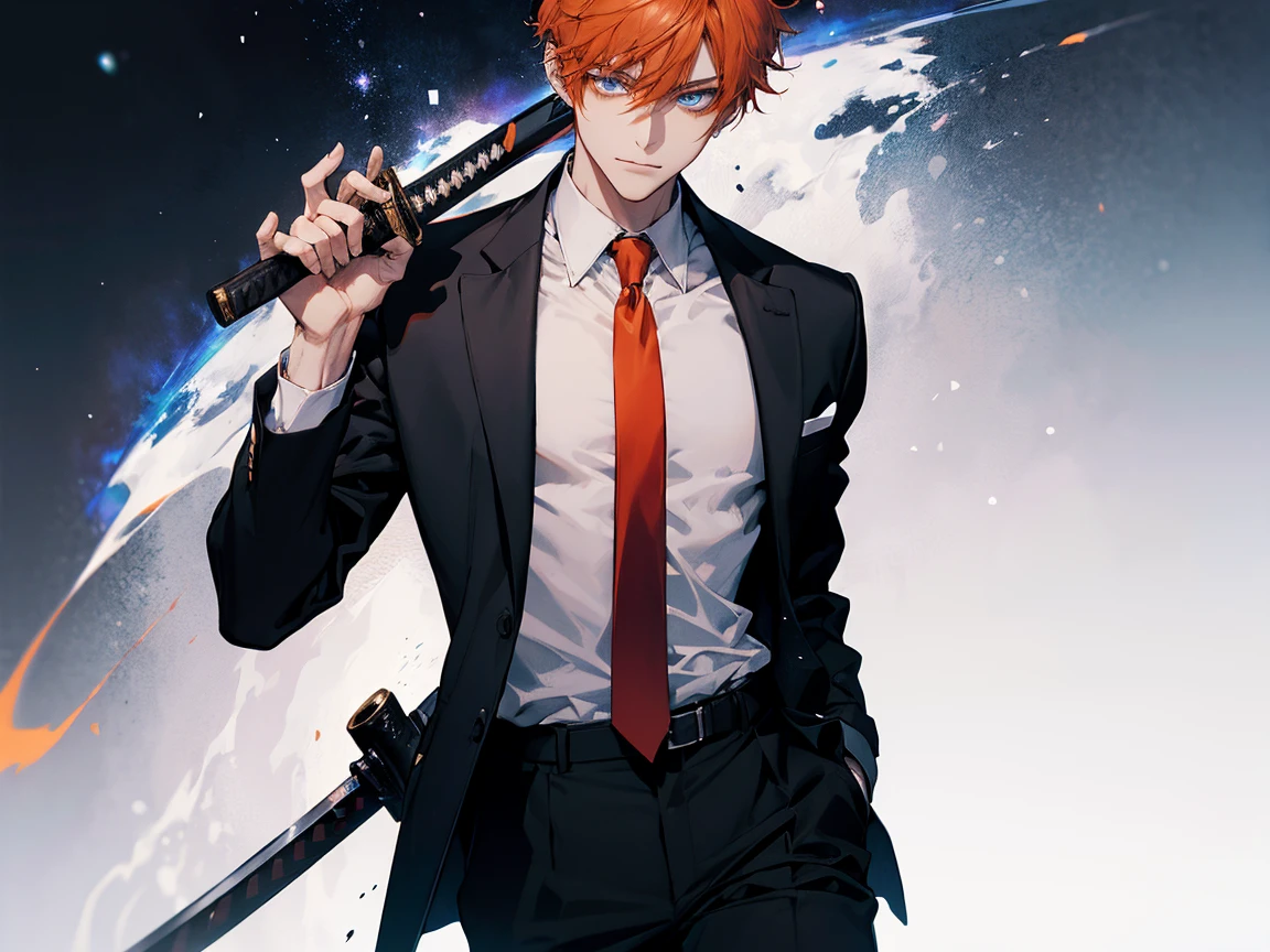 1 man, teacher, wearing white shirt, black suit, black long pants, orange hair, short hair, blue eyes, red tie, face to detail, detailed eyes, the background is black galaxy, holding a katana