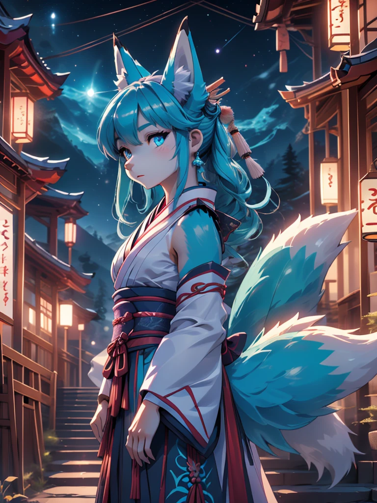 Miku Hatsune x debt , purple body alta definicion buena anatomia add_detail:1, blue fur,kitsune ears, tatuaje tribal add_detail:1, cute girl add_detail:1, add_detail:1, japanese shrine landscape add_detail:1, fullbody  descalza add_detail, highly detailed face, deep aqua iris add_detail:1 lighting eyes add_detail:3, wolf claws, colmillos afilados add_detail:1, zorra salvaje add_detail:1, aura de luz resplandeciente add_detail:3,  sakuras landscape add_detail:1, Warrior Samurai