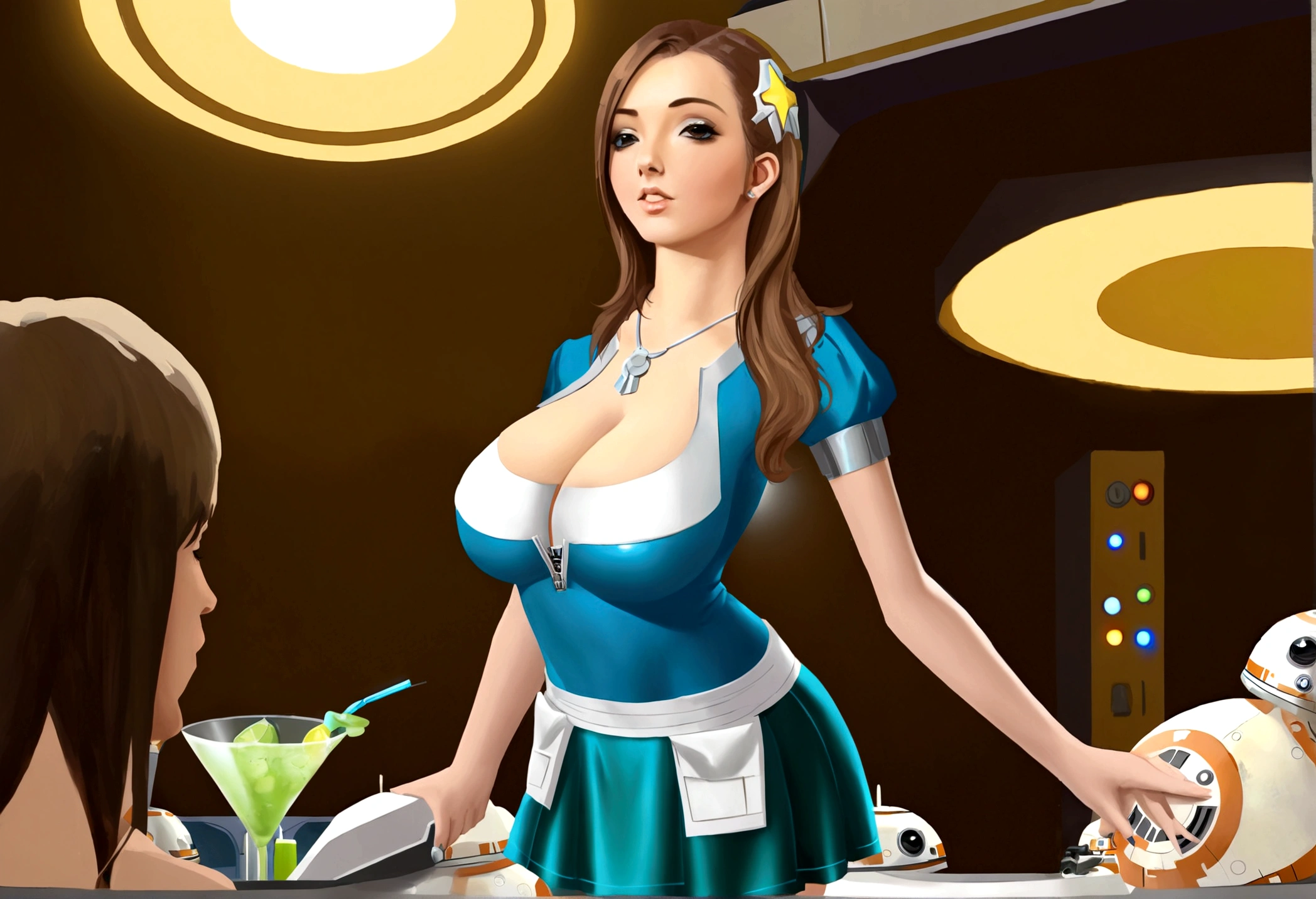 A cute woman in a sci fi waitress outfit (deep neckline, mini skirt, safe for work) is working at a Star Wars cantina serving drinks to wild and rowdy aliens.
