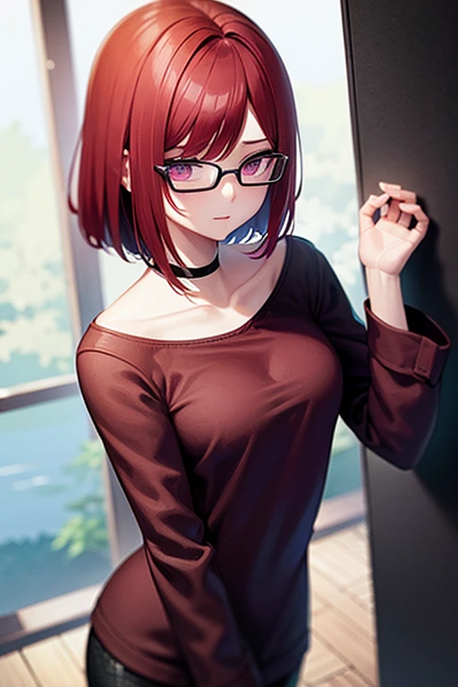 red hair bob cut、Purple Eyes、Wear glasses、Being Calm、Slender anime girl