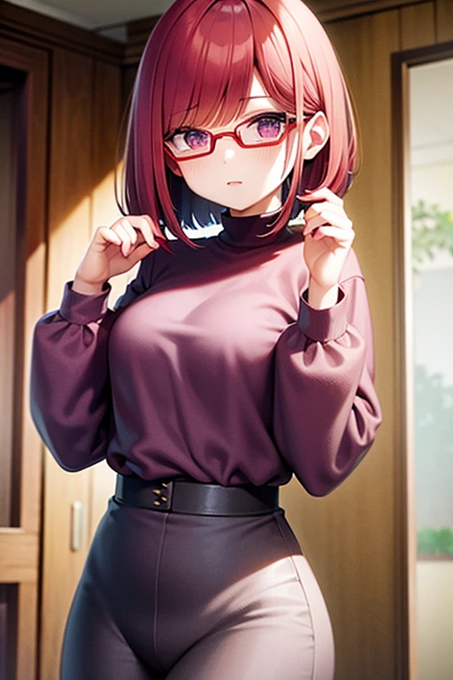 red hair bob cut、Purple Eyes、Wear glasses、Being Calm、Slender anime girl