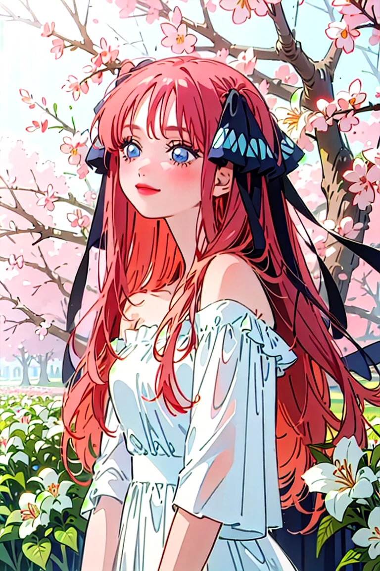 Best quality, masterpiece, ultra high res, (photorealistic:1.4), raw photo, 1girl, white dress, off shoulder, blossom flower field, glowing skin, light smile, nino nakano, pink red long hair, shoulder, blue eyes, hair ribbons