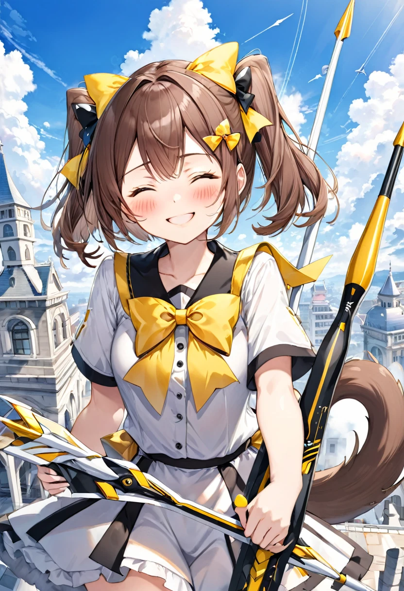 1 girl, alone, broad, blush, SMILE, Brown hair, bow, two tails, Closed eyes, weapon, short sleeves, hair bow, sky, day, blue sky, building, in front of the viewer, yellow bow, bow (weapon), ARROW (projectile)