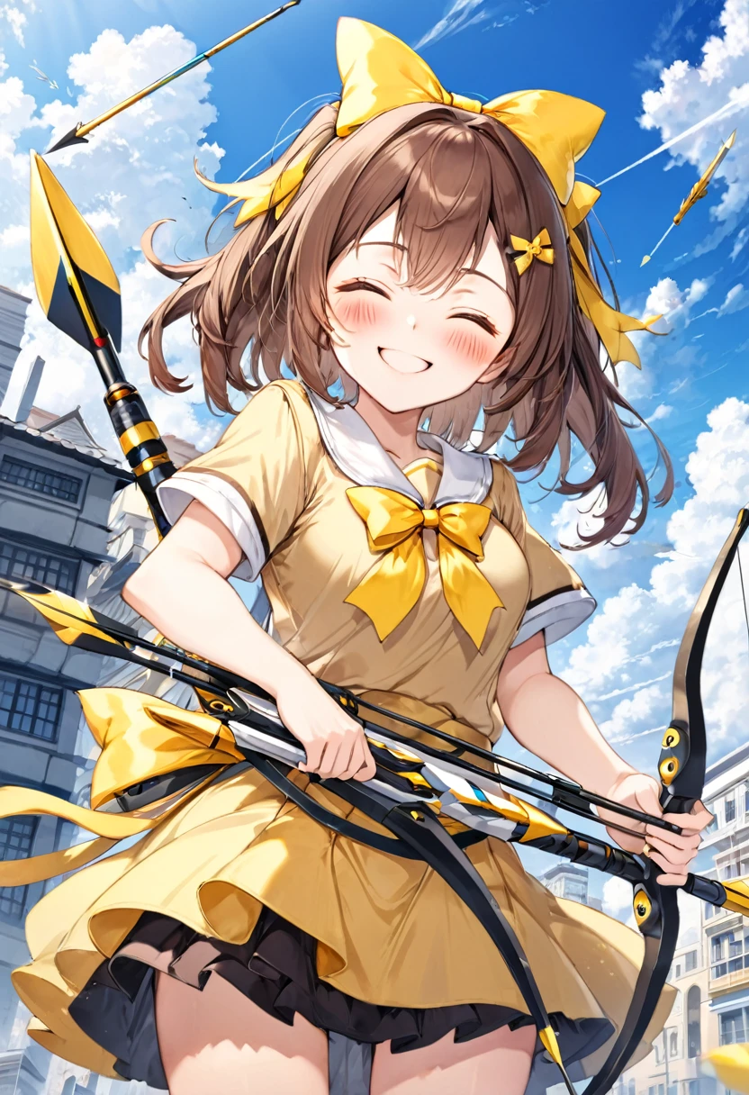 1 girl, alone, broad, blush, SMILE, Brown hair, bow, two tails, Closed eyes, weapon, short sleeves, hair bow, sky, day, blue sky, building, in front of the viewer, yellow bow, bow (weapon), ARROW (projectile)