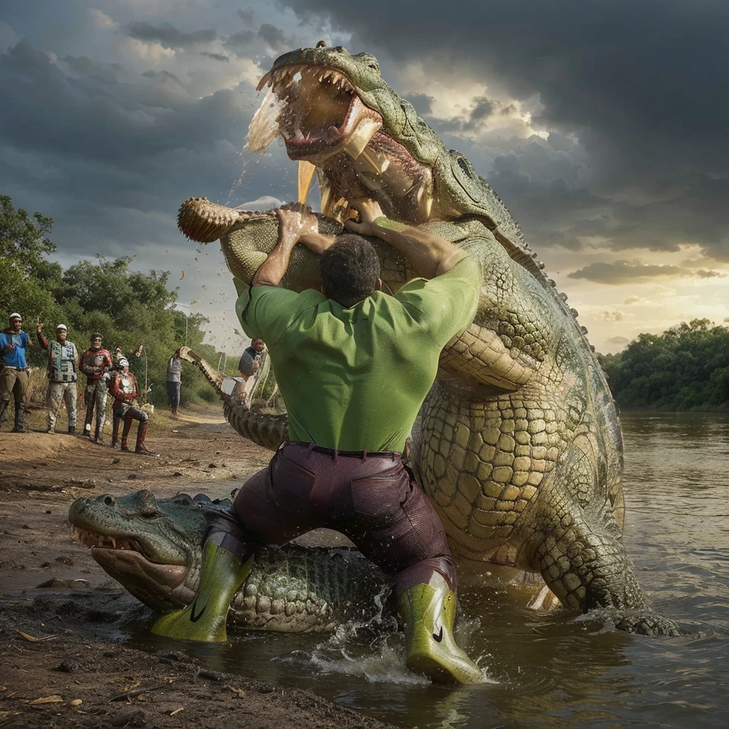 Iron man saves a man from a crocodile while the surrounding people stand on the bank watching
