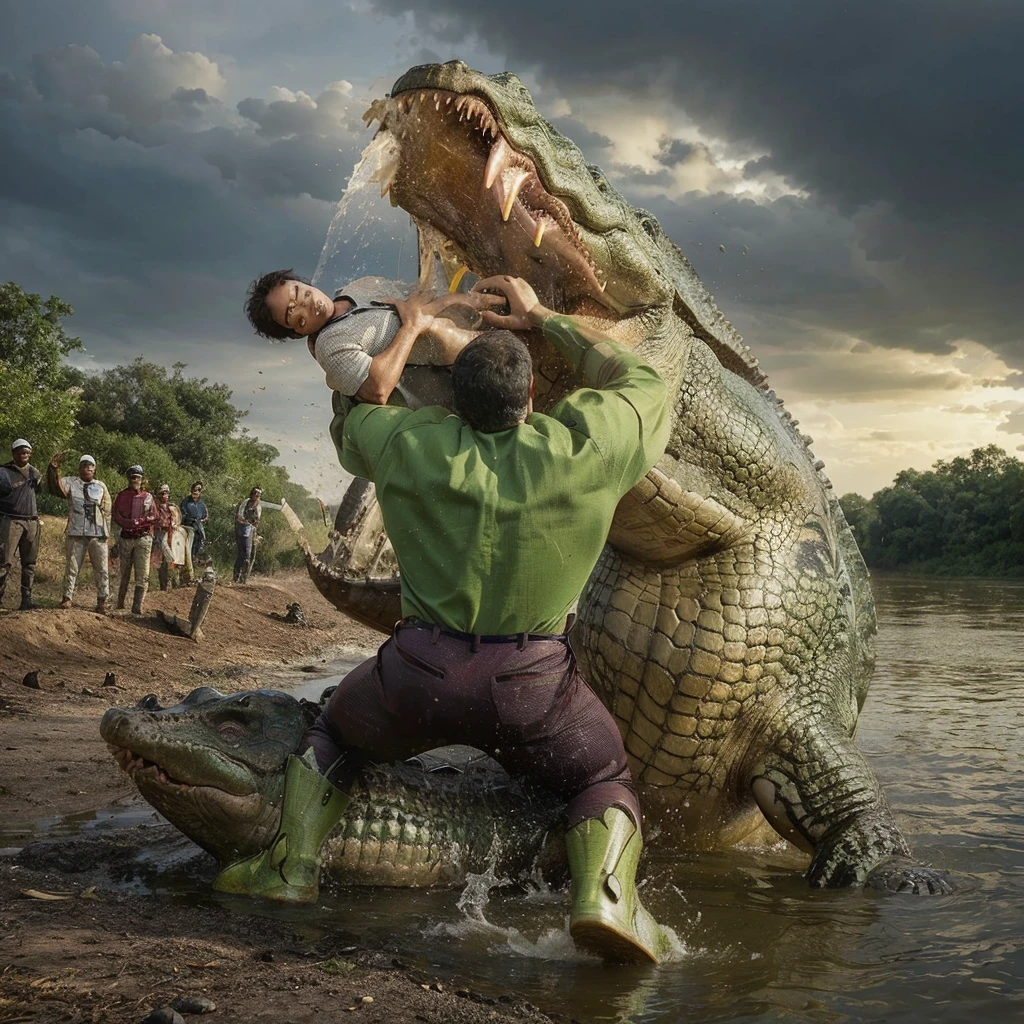 Iron man saves a man from a crocodile while the surrounding people stand on the bank watching