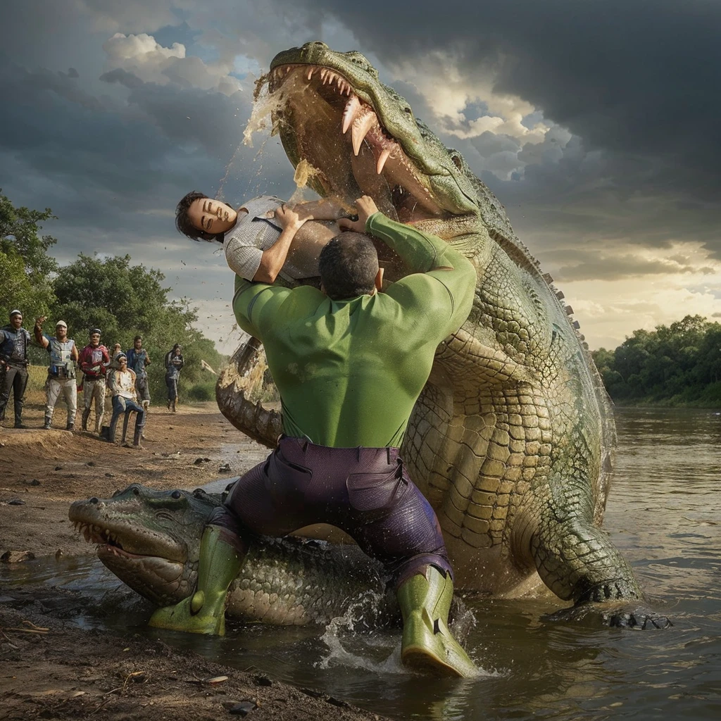 Iron man saves a man from a crocodile while the surrounding people stand on the bank watching