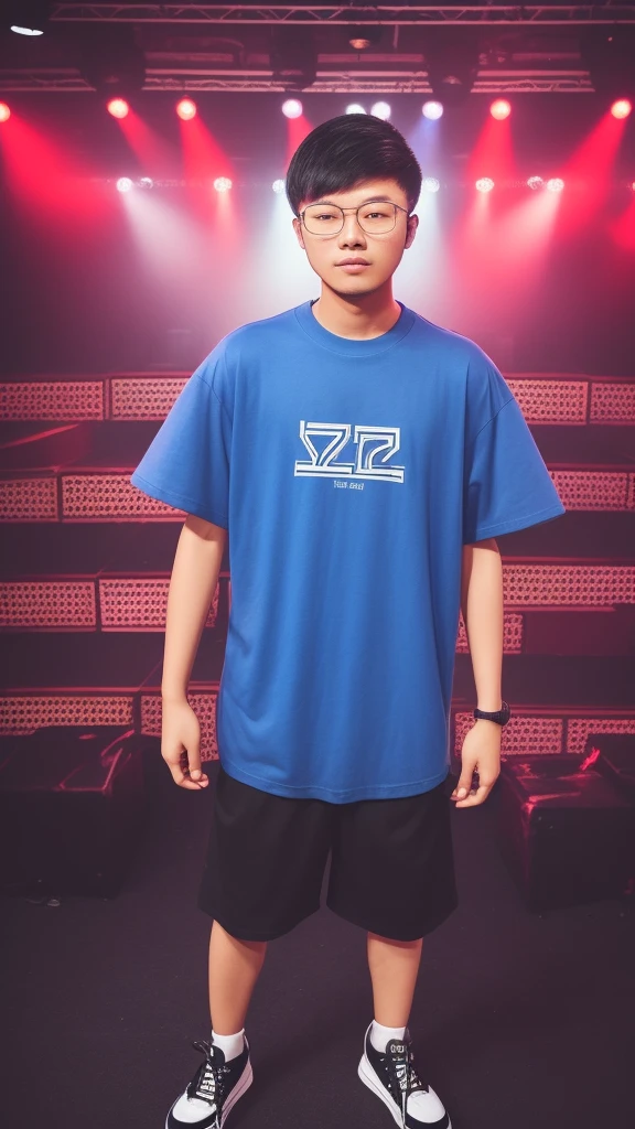 21 year old Chinese boy, he is wearing a ((oversize blue t shirt XXL)), he is wearing black trousers, he is wearing black sneakers, he is wearing glasses, he is Master of Ceremony in front of a stage , NIGHTCLUB, full body,  he is buzz cut Hair, foot, Photo taken on the side 