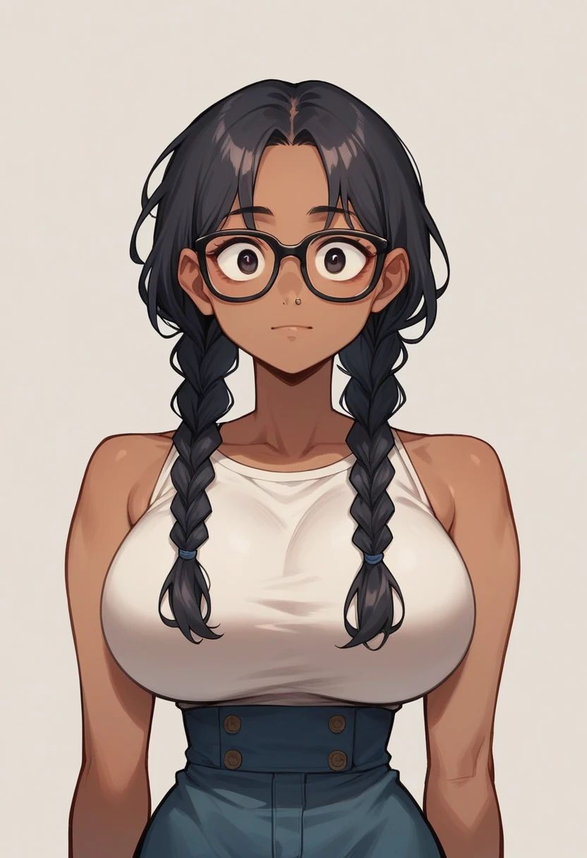 a woman, tanned skin, black hair, a hairstyle with two long braids that fall over her shoulders, with straight bangs that cover his forehead. He wears black rectangular frame glasses and has a happy expression on his face...,  raven hair, big and somewhat open eyes, small nose, huge breasts, Skinny body, small waist, whole body, 