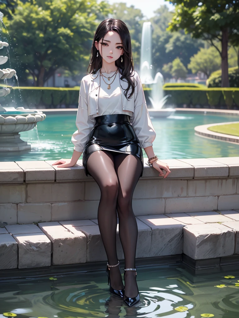 ((Biologically correct limb count))、((Full Body Shot, Full-body photo including face、Head to toe photos))、4K、masterpiece、((Focus on the face))、((Symmetrical facial features))、Eyes of meticulous depiction、One beautiful woman、Excellent style、((Shiny black stockings、Shiny rubber skirt、white leather jacket、High heels with anklets))、Detailed Description、Small earrings、necklace、((Sitting on the edge of a fountain in a park early in the morning, looking straight into the camera))、Close-up photo of the whole body、Panty shot、Focus on the face