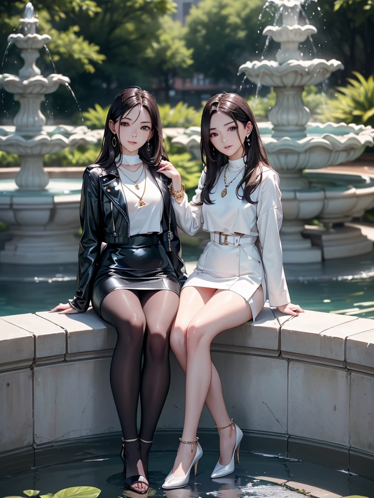 ((Biologically correct limb count))、((Full Body Shot, Full-body photo including face、Head to toe photos))、4K、masterpiece、((Focus on the face))、((Symmetrical facial features))、Eyes of meticulous depiction、One beautiful woman、Excellent style、（(Shiny black stockings、Shiny rubber skirt、white leather jacket、High heels with anklets)）、Detailed Description、Small earrings、necklace、((Sitting on the edge of a fountain in a park early in the morning, looking straight into the camera))、Close-up photo of the whole body、Panty shot、Focus on the face