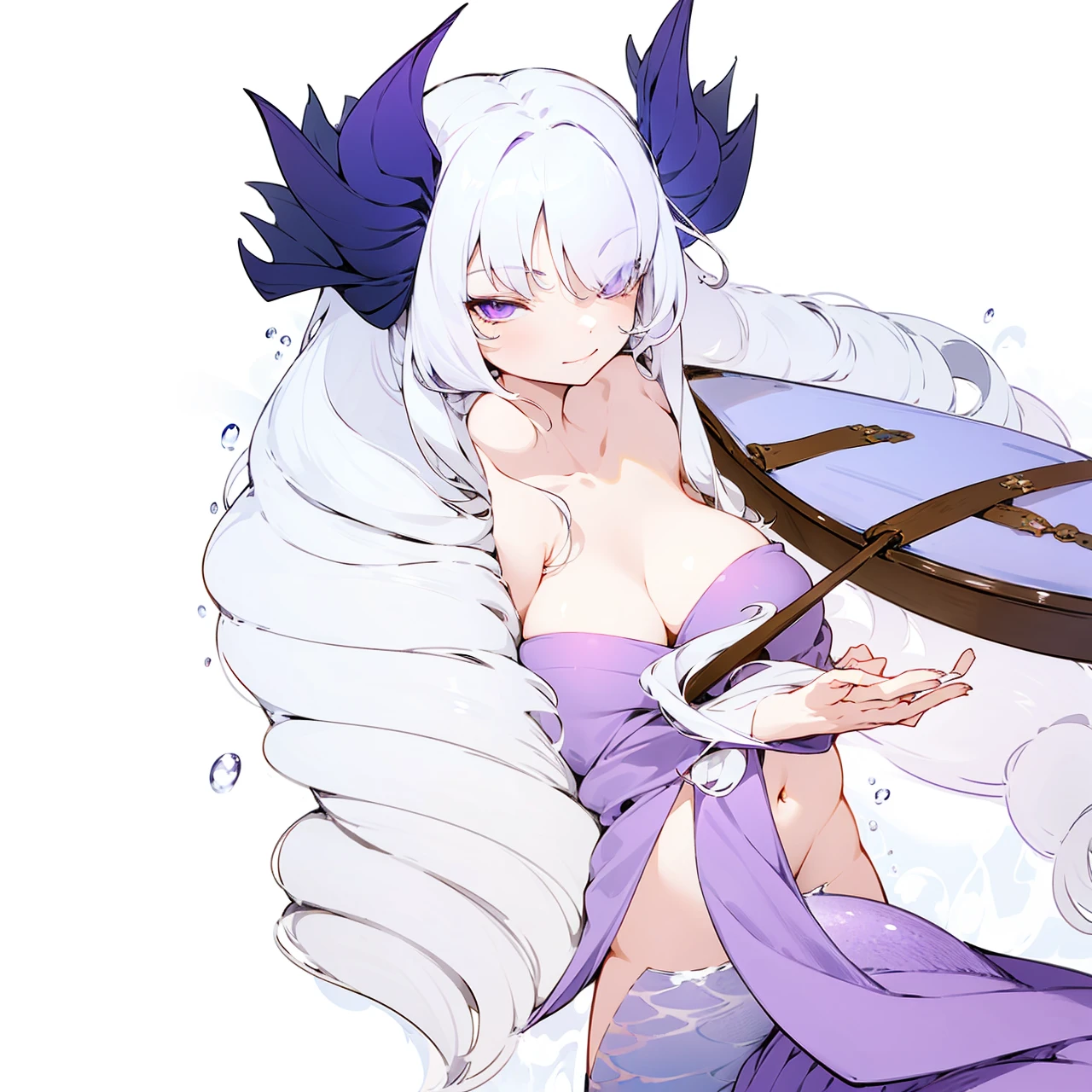 Anime girl with curly white hair with mermaid tail fins on hips,purple top and piece of long clothes, looking on the boat while guiding it with her hand as she's floating on the water