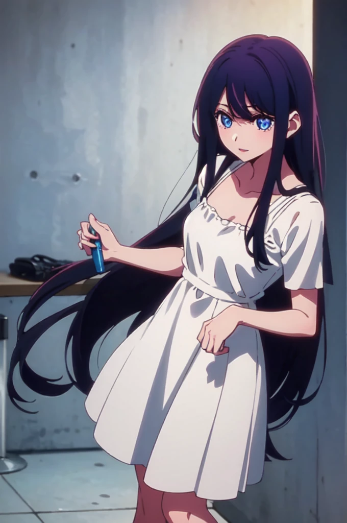 A young woman with black hair with blue shine, blue eyes and fair skin. She wears light pink lipstick on her lips and always dresses in formal white dresses that have a pretty bow.. in the style of Anime: Oshi no Ko.