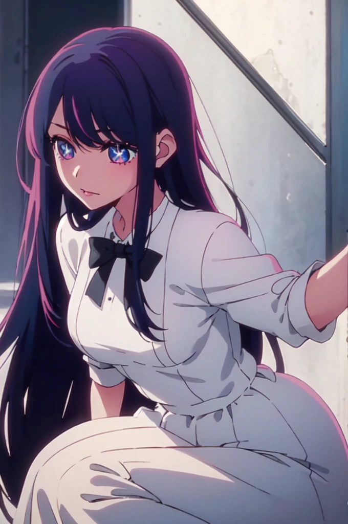 A young woman with black hair with blue shine, blue eyes and fair skin. She wears light pink lipstick on her lips and always dresses in formal white dresses that have a pretty bow.. in the style of Anime: Oshi no Ko.