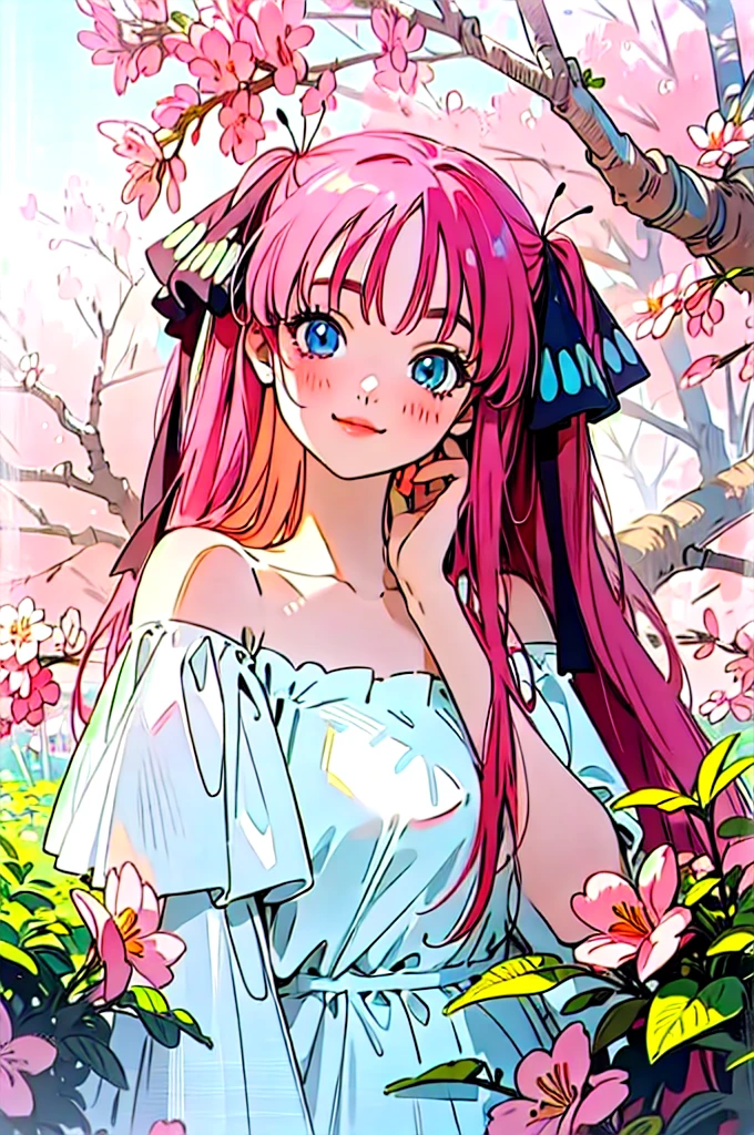 Best quality, masterpiece, ultra high res, (photorealistic:1.4), raw photo, 1girl, white dress, off shoulder, blossom flower field, glowing skin, light smile, nino nakano, pink red long hair, shoulder, blue eyes, hair ribbons