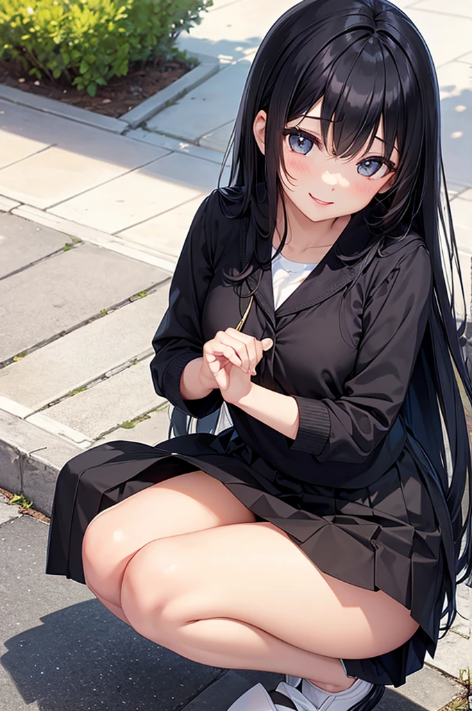 Detailed panties、Spread your legs、sit、Squat、Long skirt long black hair, Natural Straight Hair, Bright lips, smile, shy