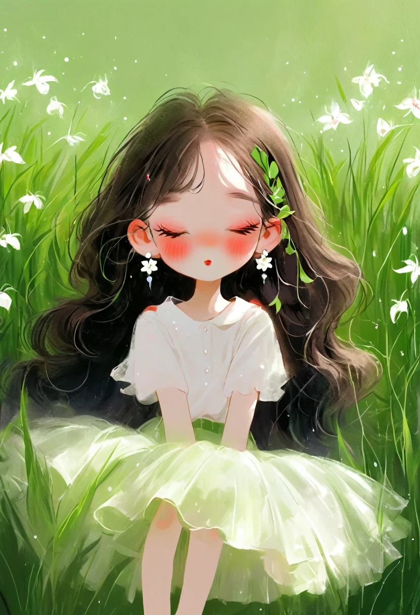 Rough texture，Hand-drawn style：1 girl,Close your eyes,skirt,earrings,flower,Grass,Green Background,头flower环,Jewelry,Yoko,Long hair,plant,solitary,white skirt