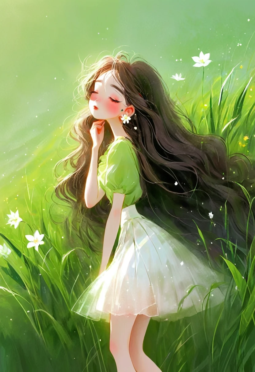 Rough texture,Hand-drawn style:1 girl,Close your eyes,skirt,earrings,flower,Grass,Green Background,头flower环,Jewelry,Yoko,Long hair,plant,solitary,white skirt