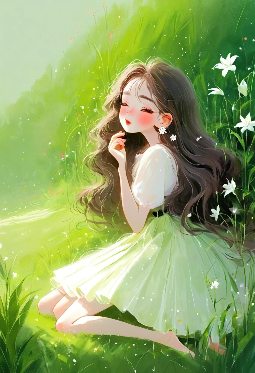 Rough texture,Hand-drawn style:1 girl,Close your eyes,skirt,earrings,flower,Grass,Green Background,头flower环,Jewelry,Yoko,Long hair,plant,solitary,white skirt