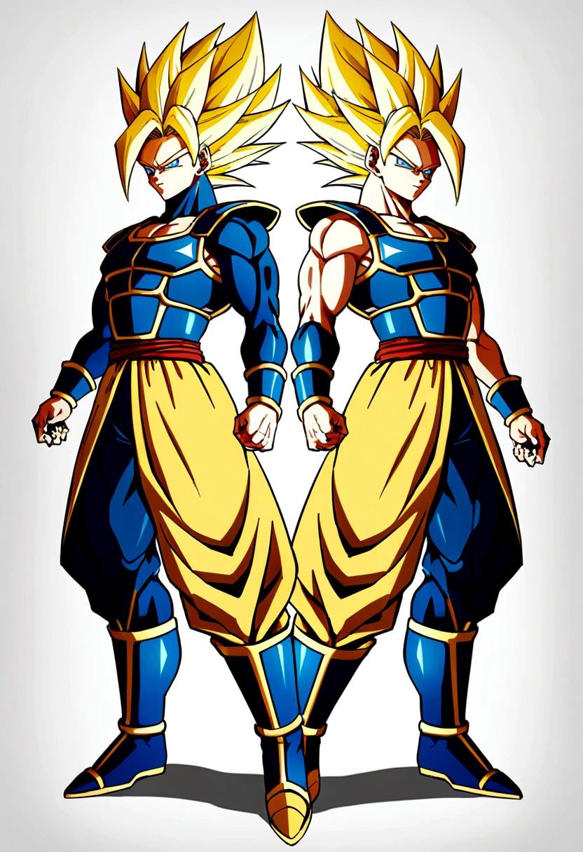 Super Saiyan, Male, yellow hair, blue eyes, saiyan blue armor, full body image