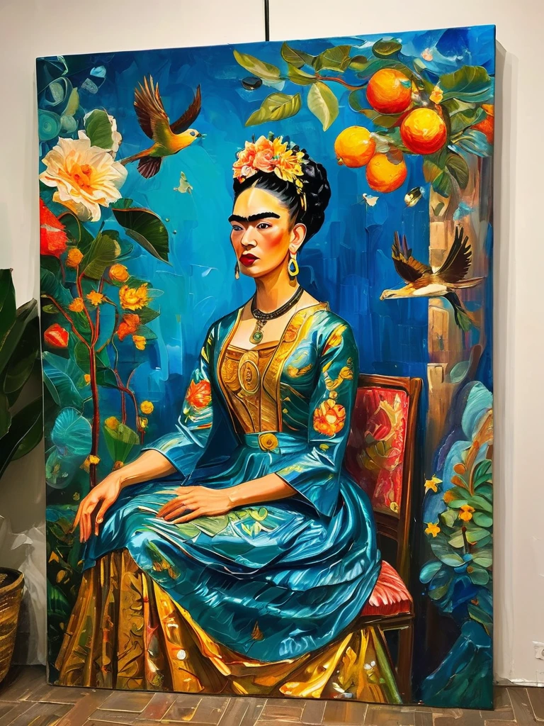 Imagine Frida Kahlo reimagined in the lavish Baroque style. She sits regally on an ornate throne in a luxurious hall adorned with rich tapestries and intricately carved furniture. Dressed in an opulent emerald satin gown with delicate lace and sparkling jewels, her hair is interwoven with vibrant flowers. A majestic eagle perches on her left arm, its piercing gaze mirroring Frida's intense stare. Nearby, a striking blue macaw adds a splash of color, while a peacock elegantly roams the floor at her feet. Surrounding her are symbolic objects: a golden mirror, sugar skulls, and a vibrant still life of tropical fruits. The dramatic background of swirling clouds and celestial light adds depth and movement. The masterful play of light and shadow highlights the richness of details, celebrating Frida's indomitable spirit and legacy in a visually stunning, innovative composition.