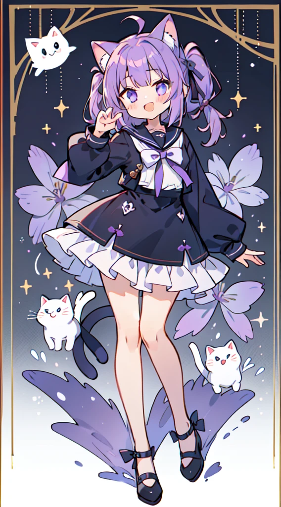 1 girl in、((full body Esbian、Standing picture:1.2)), top-quality、masutepiece、Purple hair, Longhaire, ((Two knots)), Cat's ears、Black sailor suit、Purple Ribbon、A smile、Cat Pose、A smile that opens its mouth a little、white backgrounid