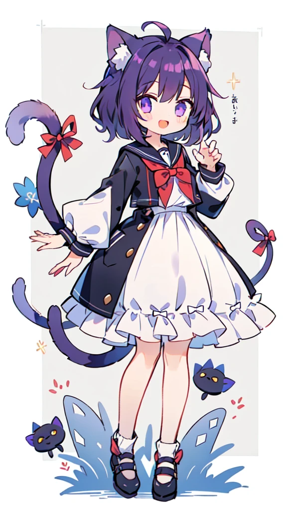 1 girl in、((full body Esbian、Standing picture:1.2)), top-quality、masutepiece、Purple hair, Longhaire, ((Two knots)), Cat's ears、Black sailor suit、Purple Ribbon、A smile、Cat Pose、A smile that opens its mouth a little、white backgrounid