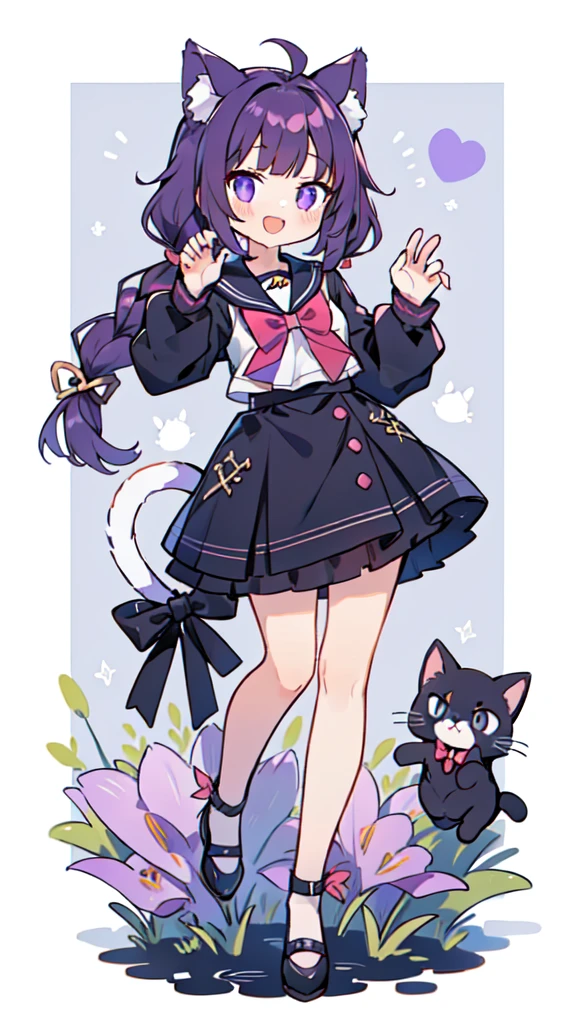 1 girl in、((full body Esbian、Standing picture:1.2)), top-quality、masutepiece、Purple hair, Longhaire, ((Two knots)), Cat's ears、Black sailor suit、Purple Ribbon、A smile、Cat Pose、A smile that opens its mouth a little、white backgrounid