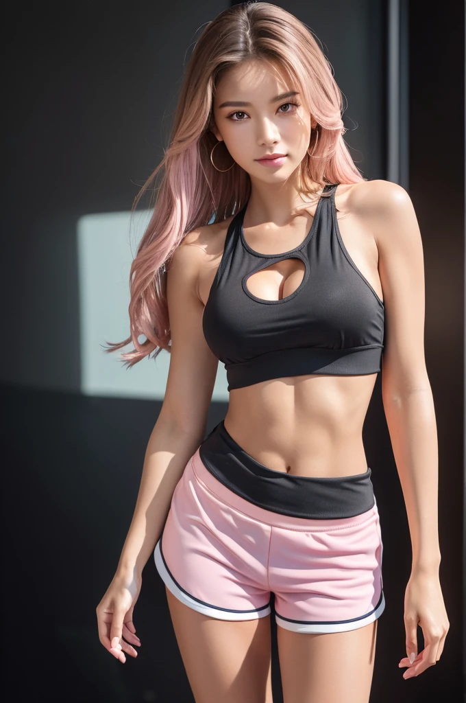 (highest quality, 8K, Award-winning work, ultra high resolution), one beautiful woman, (full body photo:1.5), (fitted tank top and cute pink tight shorts:1.5), Exactly, straight brown hair, cleavage, Look at me, (medium breasts:1.1), (Most emphasize the body line:1.1), accurate anatomy, ultra high definition hair, Perfect and beautiful teeth in ultra high resolution, Ultra high definition beauty face, ultra high definition hair, ultra high-resolution beautiful skin, ultra high resolution, clear black background