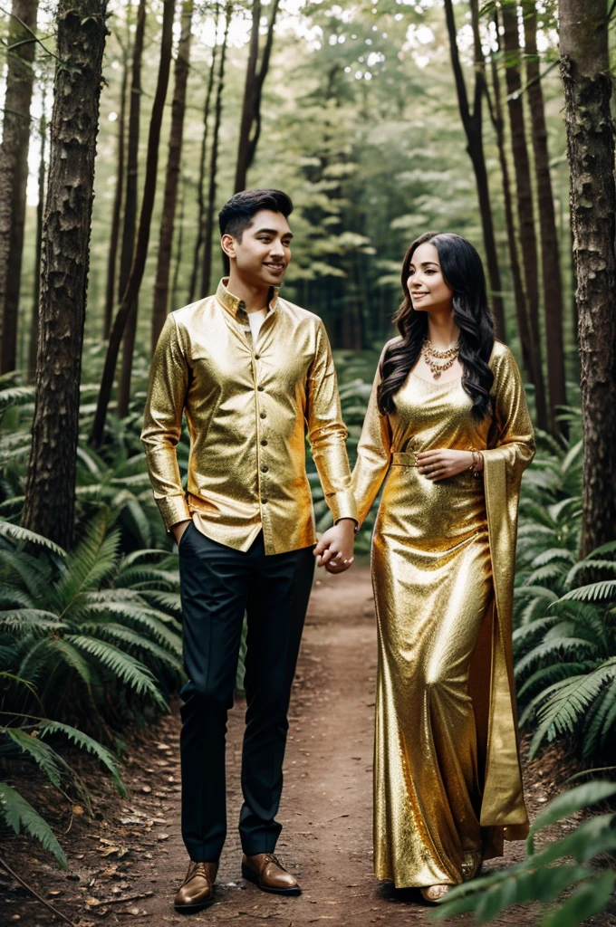 Couple with gold jewellery standing in deep forest 