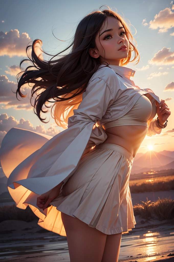 masterpiece, best quality, Stills, 1 girl, Cloud Girl, Floating in the air, closure, bright, Happy, Warm and soft lighting, Sunset, (spark:0.7)