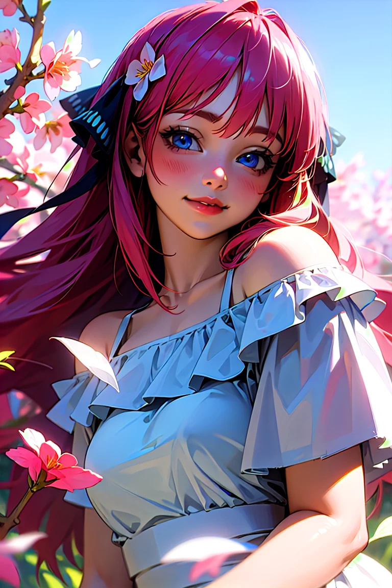 Best quality, masterpiece, ultra high res, (photorealistic:1.4), raw photo, 1girl, white dress, off shoulder, blossom flower field, glowing skin, light smile, nino nakano, pink red long hair, shoulder, blue eyes, hair ribbons