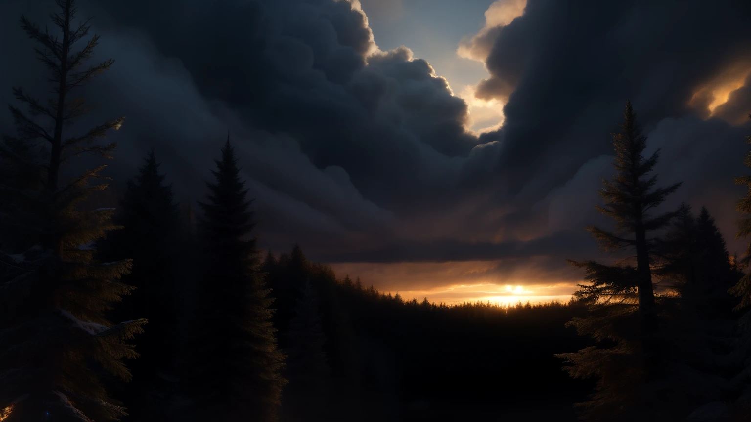 background of a forest, In an illuminated evening, super realistic, illuminated clouds