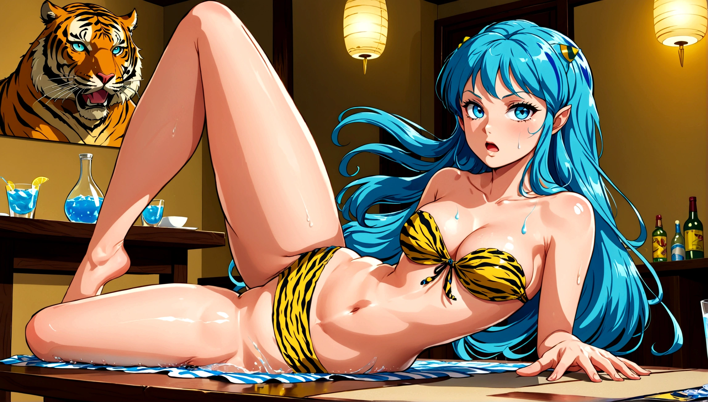 score_9, score_8_up, score_7_up, score_6_up, source_anime, lum, 1girl, solo, long hair, bangs, blue hair, blue eyes, horns, pointy ears, aqua hair, oni horns, eyeshadow, navel, cleavage, swimsuit, bikini, strapless, animal print, yellow bikini, tiger print, strapless bikini, blissfulness, horny, orgasm, fang, table humping, perfect fingers, 5 fingers, perfect hands, panties, ass, crotch rub, plaid skirt, looking back, wet panties, (cameltoe:0.5), close up pussy, from below, Expressiveh