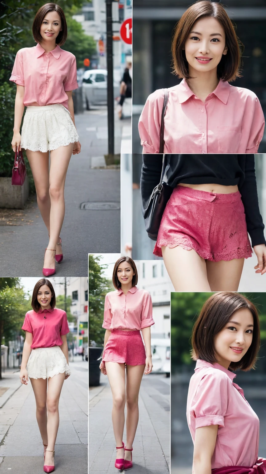 ((masterpiece)),(((Highest quality))),((Character design sheet)),Thin thighs,Long legs,Slender figure,Very cute 20 year old Japanese girl,Curly, brown, thin hair,Short hair with side waves,Medium bust size、A very kind smile, Wearing a pink shirt, Red and magenta lace panties,City Street,