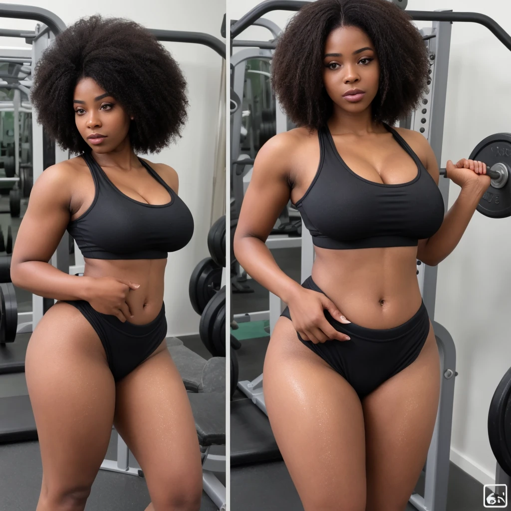 ONE GIRL. best quality, ultra-detailed, hyper realistic, 8k, full body shot, 23 years old, Nigerian beautiful girl, round shaped face, dark black skin, highly detailed skin with blemishes, ebony, dark natural afro hair, fit athletic figure, full body, big natural E cup breasts, wide hips, wearing a gym outfit, cleavage, provocative expression, looking at her legs, sexy alluring pose, shinny wet skin, posing in a gym
