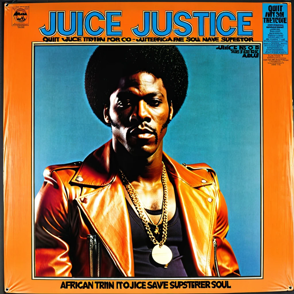 Create a 1970s vinyl album cover for an african-american male r&b superstar named "Juice Justice". The name of the album is called "Quit Tryin To Save My Soul".